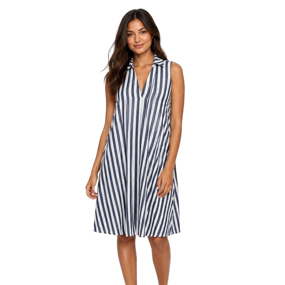 Liz Claiborne Womens Grey White Striped Sleeveless Cotton Shirt Dress 14